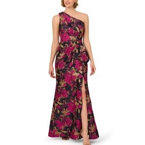 Never worn Adriana Papell one shoulder navy and gold dress